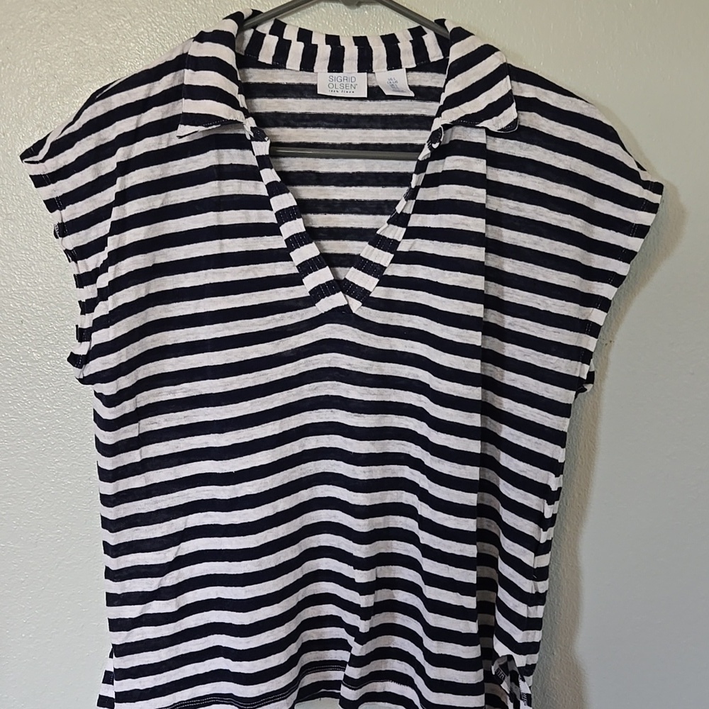 Sigrid Olsen | Navy Striped Linen Cap Sleeve Top Size Large